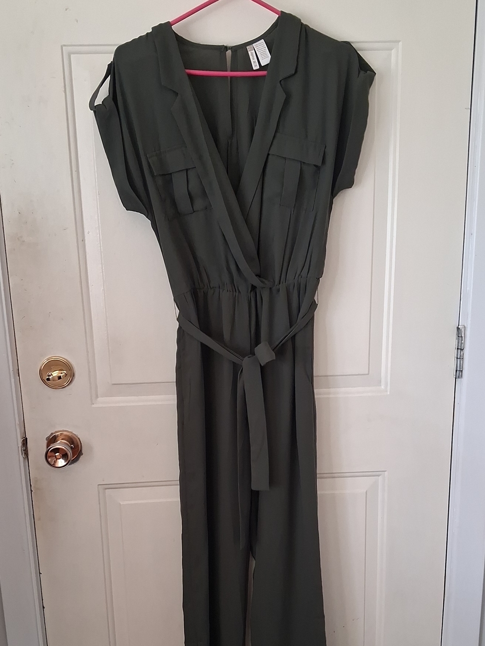 Olive Green V-Neck Utility Jumpsuit with Waist Tie